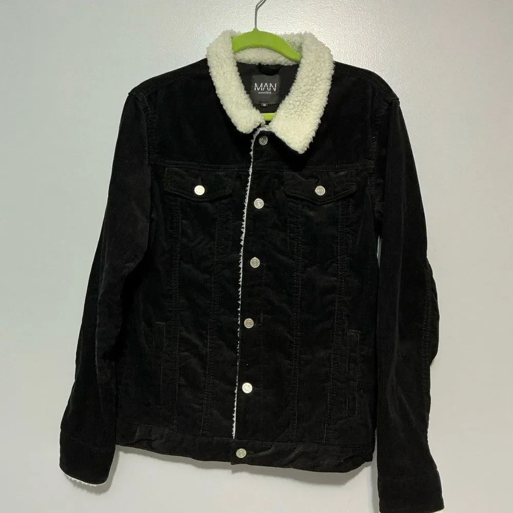BoohooMan Men’s Corduroy Long Sleeves Black Bomber Jacket Size Medium